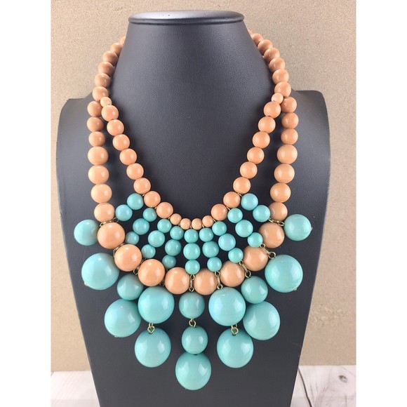 Unbranded Turquoise/Tan Drop Beads Gold-tone Chunky Statement Necklace L 17" - Picture 1 of 4